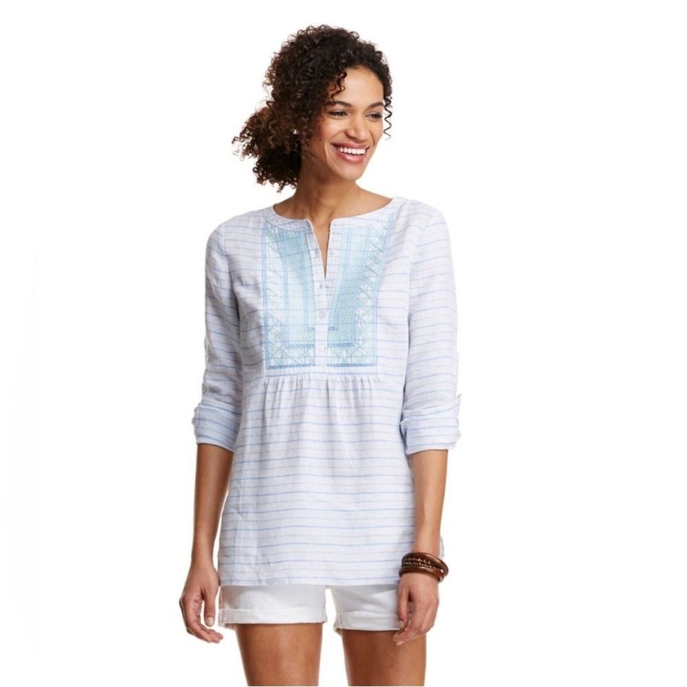 Vineyard Vines White and‎ Blue Linen Embroidered Popover Top Size 6